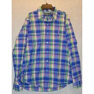 Ralph Lauren Mens Custom Fit Plaid Button Down Shirt Blue Green Pink Large